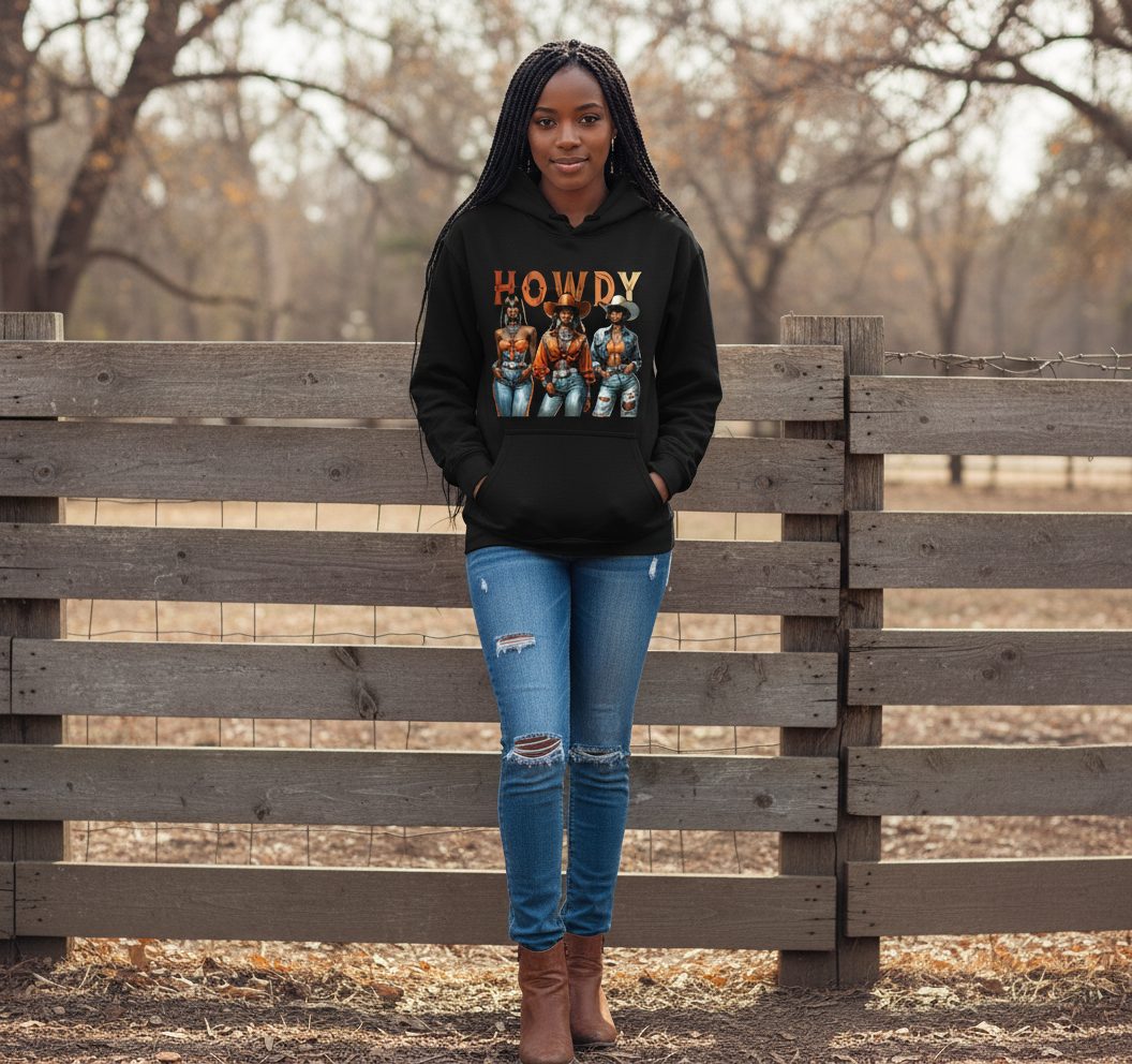 Howdy black cowgirls Hoodie Black lifestyle mockup