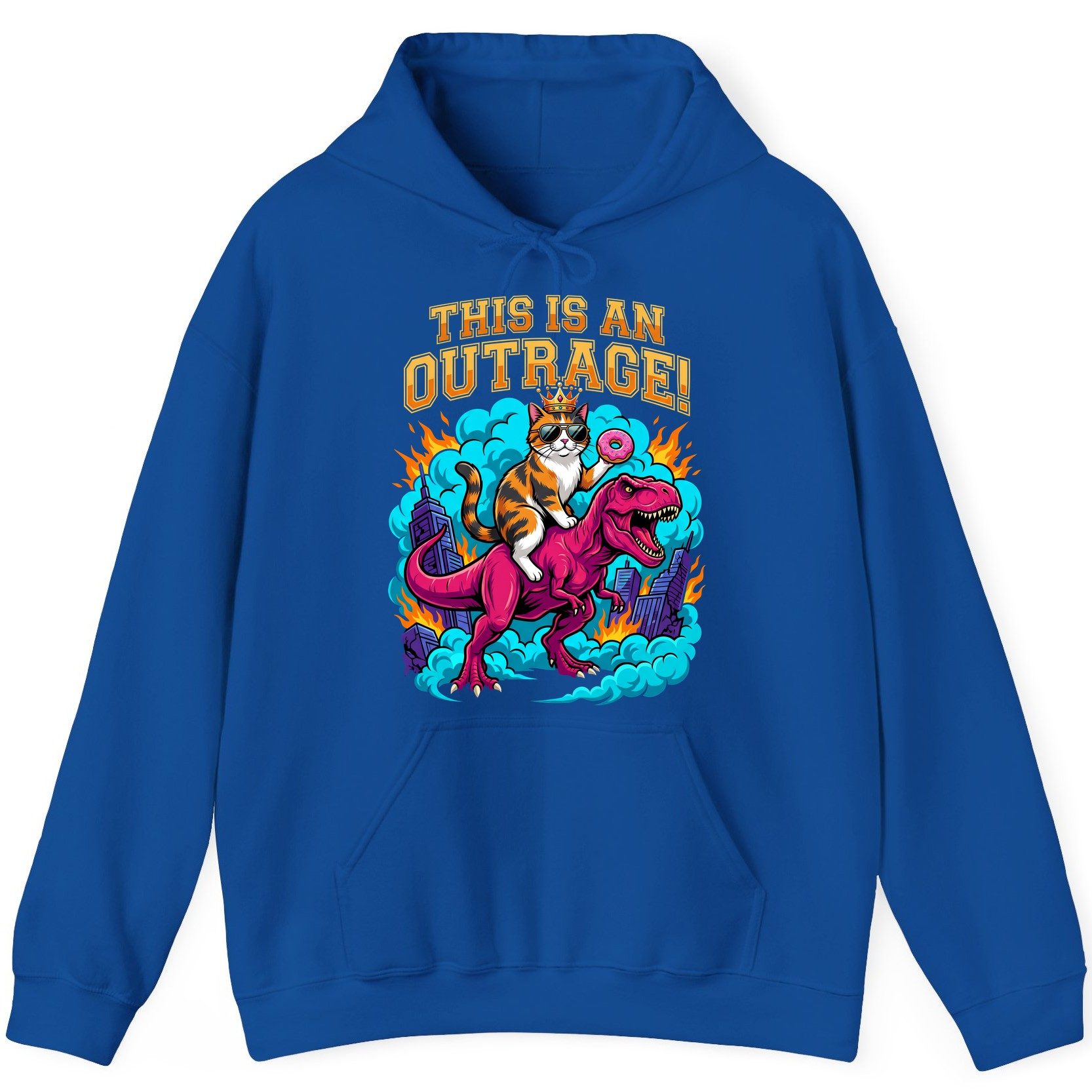 THIS IS AN OUTRAGE! Cat riding a T-Rex Hoodie Royal product mockup