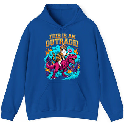 THIS IS AN OUTRAGE! Cat riding a T-Rex Hoodie Royal product mockup