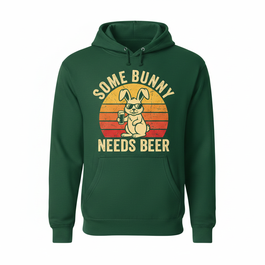 Some Bunny Needs Beer Funny Retro Design Hoodie - Forest Green