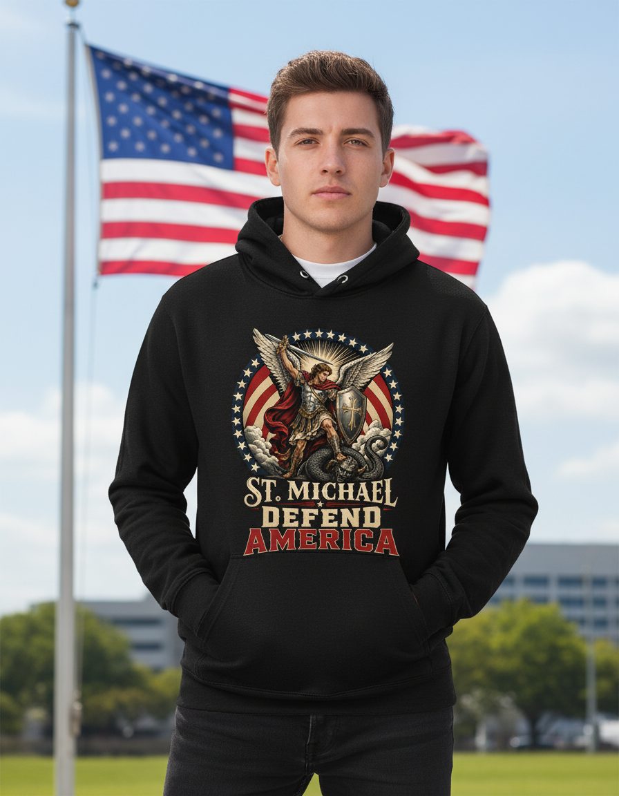 St Michael Defend America Patriotic Christian Hoodie - product mockup - Black