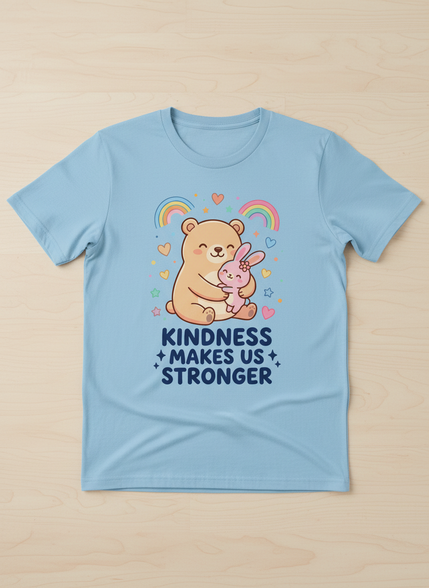 Cute Bear and Bunny Hug Kindness Makes Us Stronger Design T-Shirt - Light Blue
