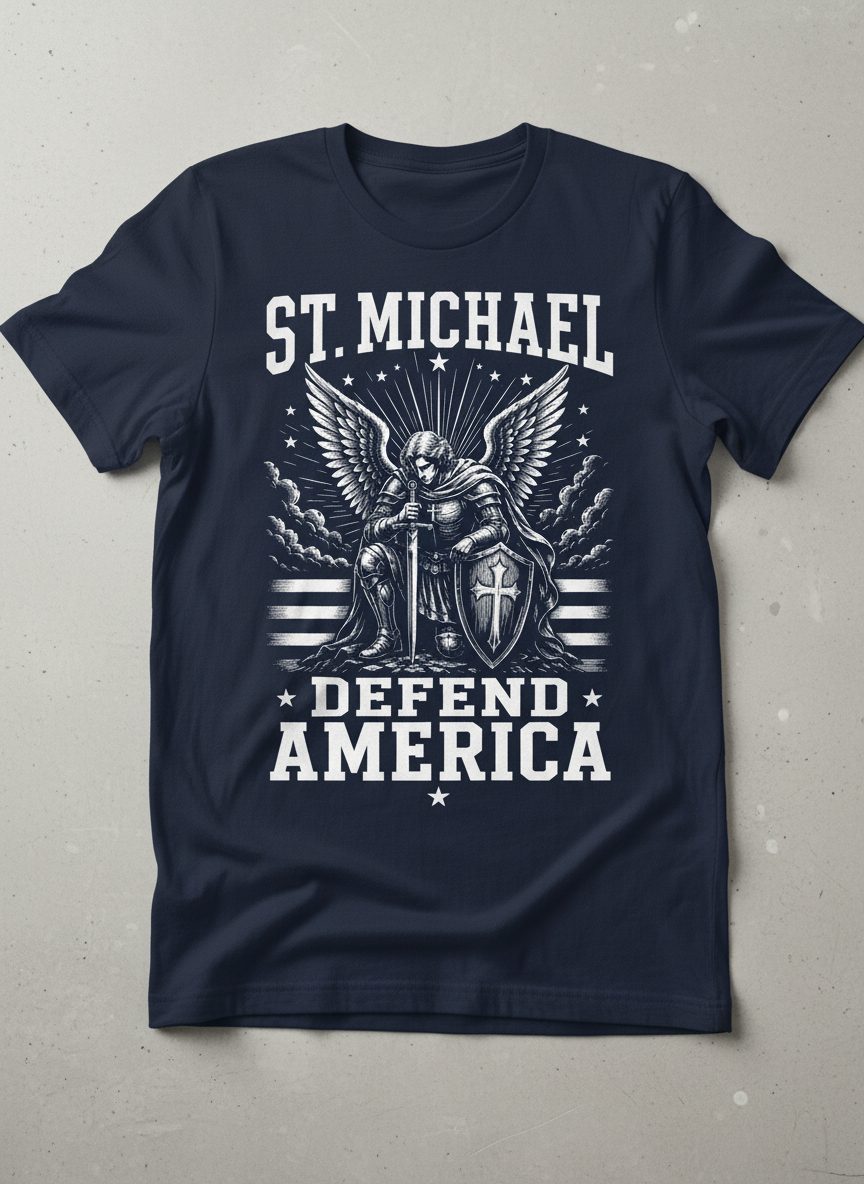 St Michael Defend America Patriotic Christian T-Shirt - product mockup - Navy