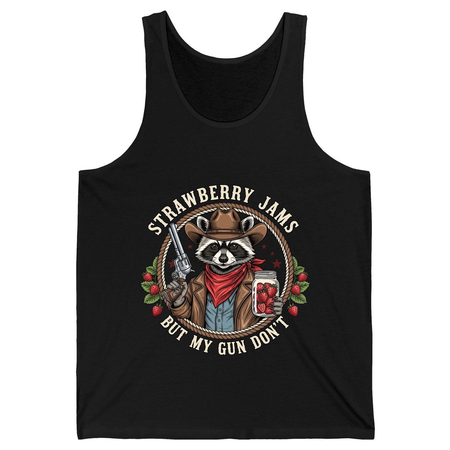Strawberry Jams but My Gun Don't cowboy raccoon Tank Top Black product mockup