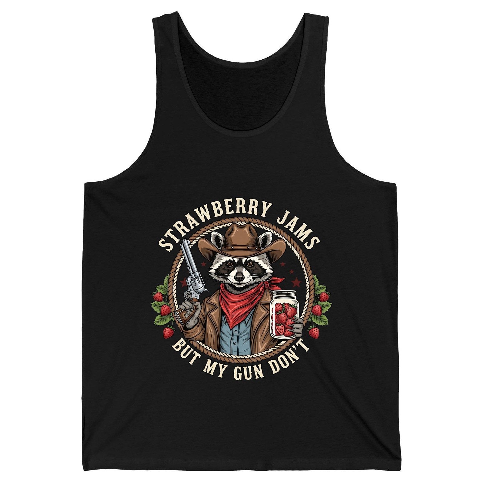 Strawberry Jams but My Gun Don't cowboy raccoon Tank Top Black product mockup
