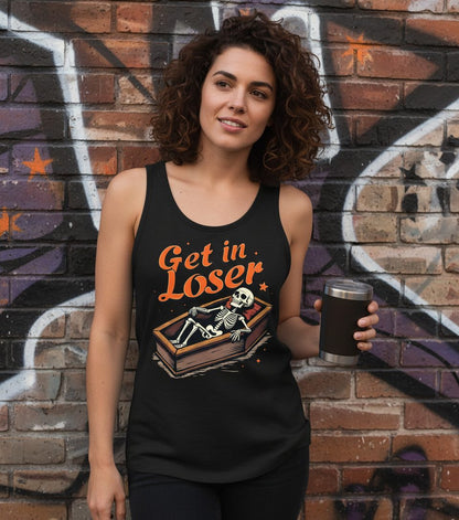 Get in Loser skeleton in coffin Tank Top Black lifestyle mockup