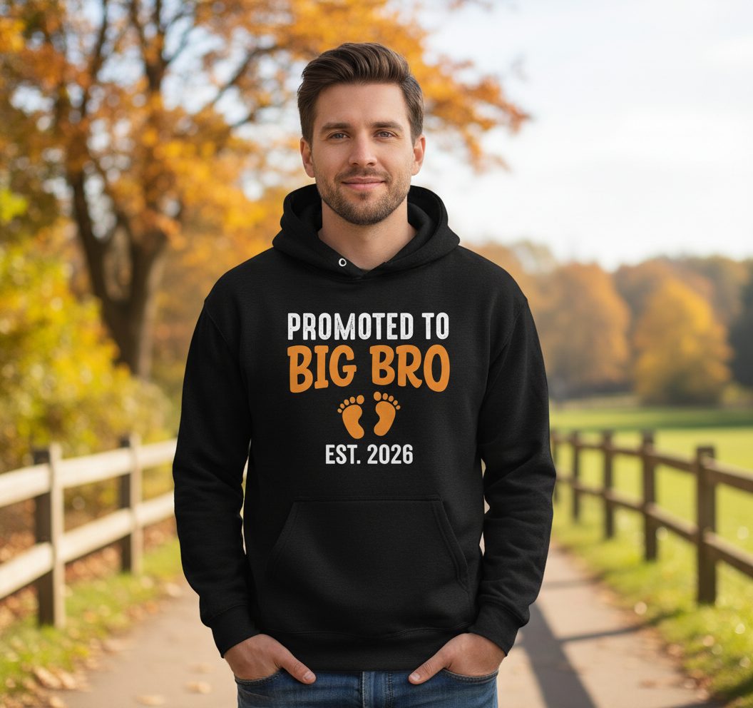 Promoted TO BIG BRO EST 2026 Pregnancy Announcement Hoodie - lifestyle model mockup - Black