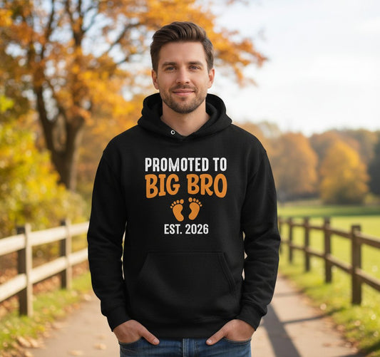 Promoted TO BIG BRO EST 2026 Pregnancy Announcement Hoodie - lifestyle model mockup - Black