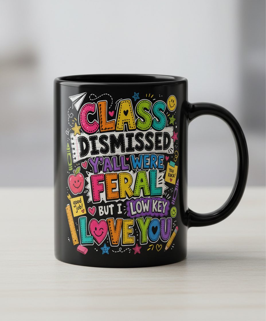 Class Dismissed Y'all Were Feral but I Low Key Love You Black Mug - product mockup - Black