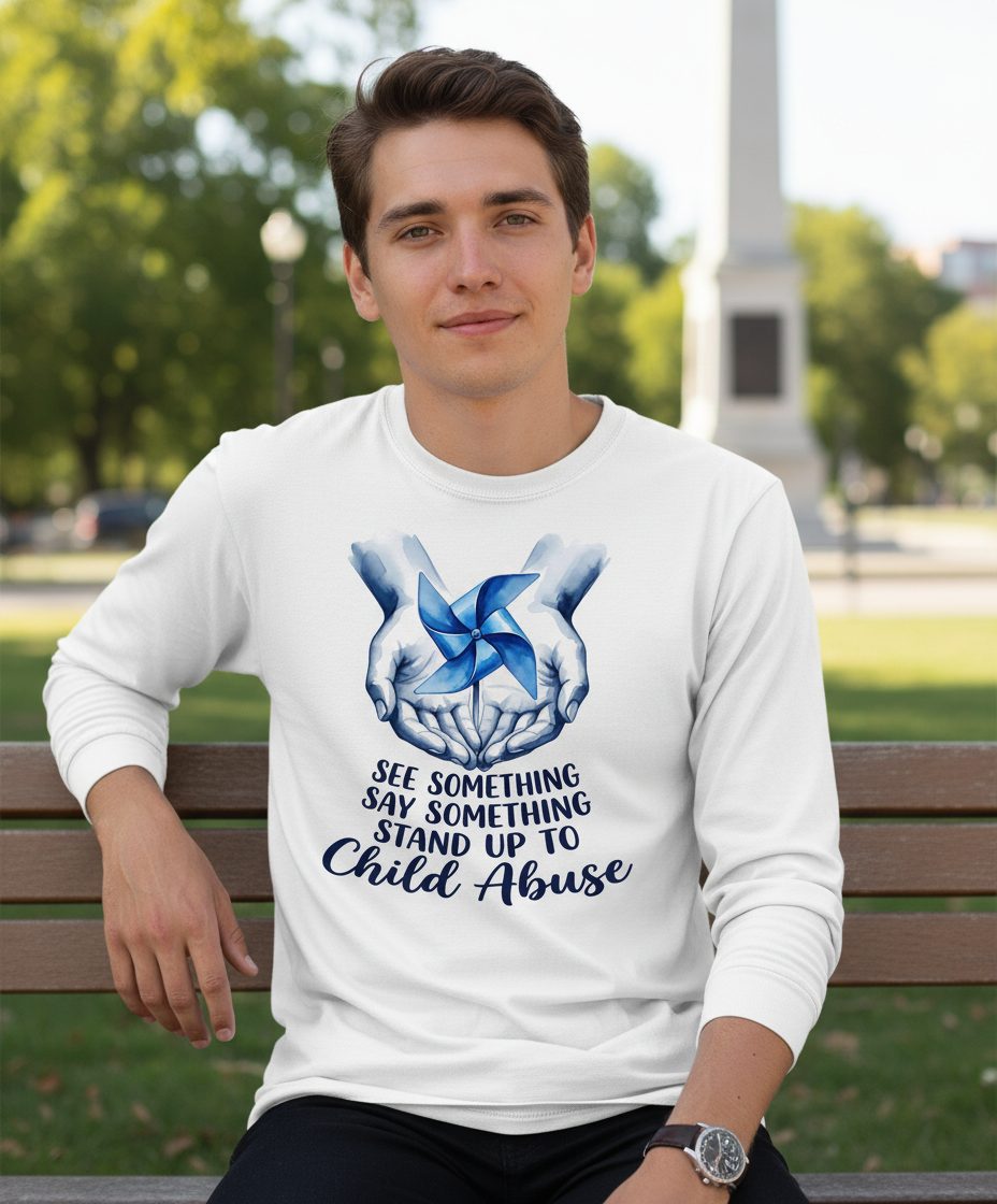 SEE Something SAY Something STAND UP TO Child Abuse Long Sleeve Tee - lifestyle model mockup - White