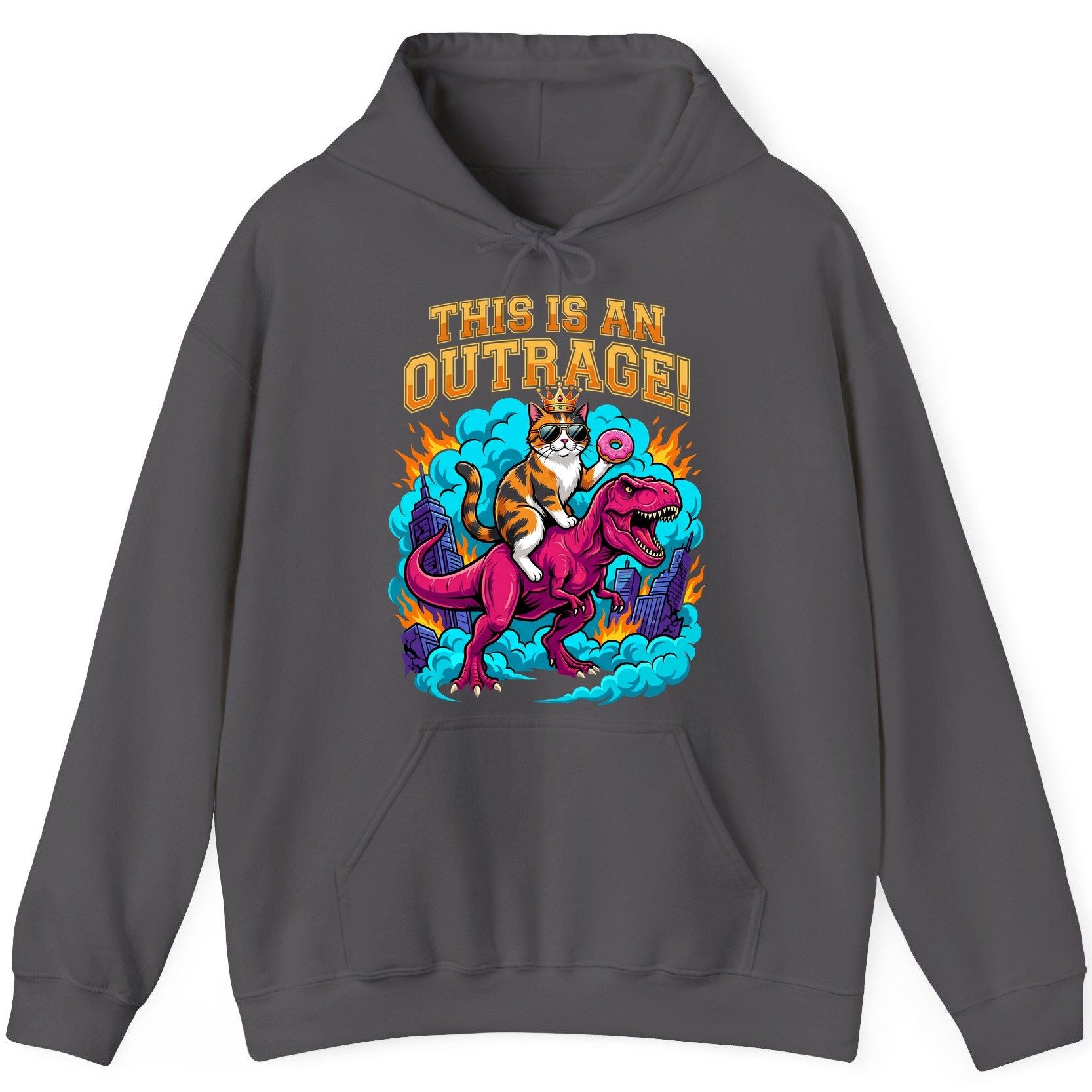 THIS IS AN OUTRAGE! Cat riding a T-Rex Hoodie Charcoal product mockup