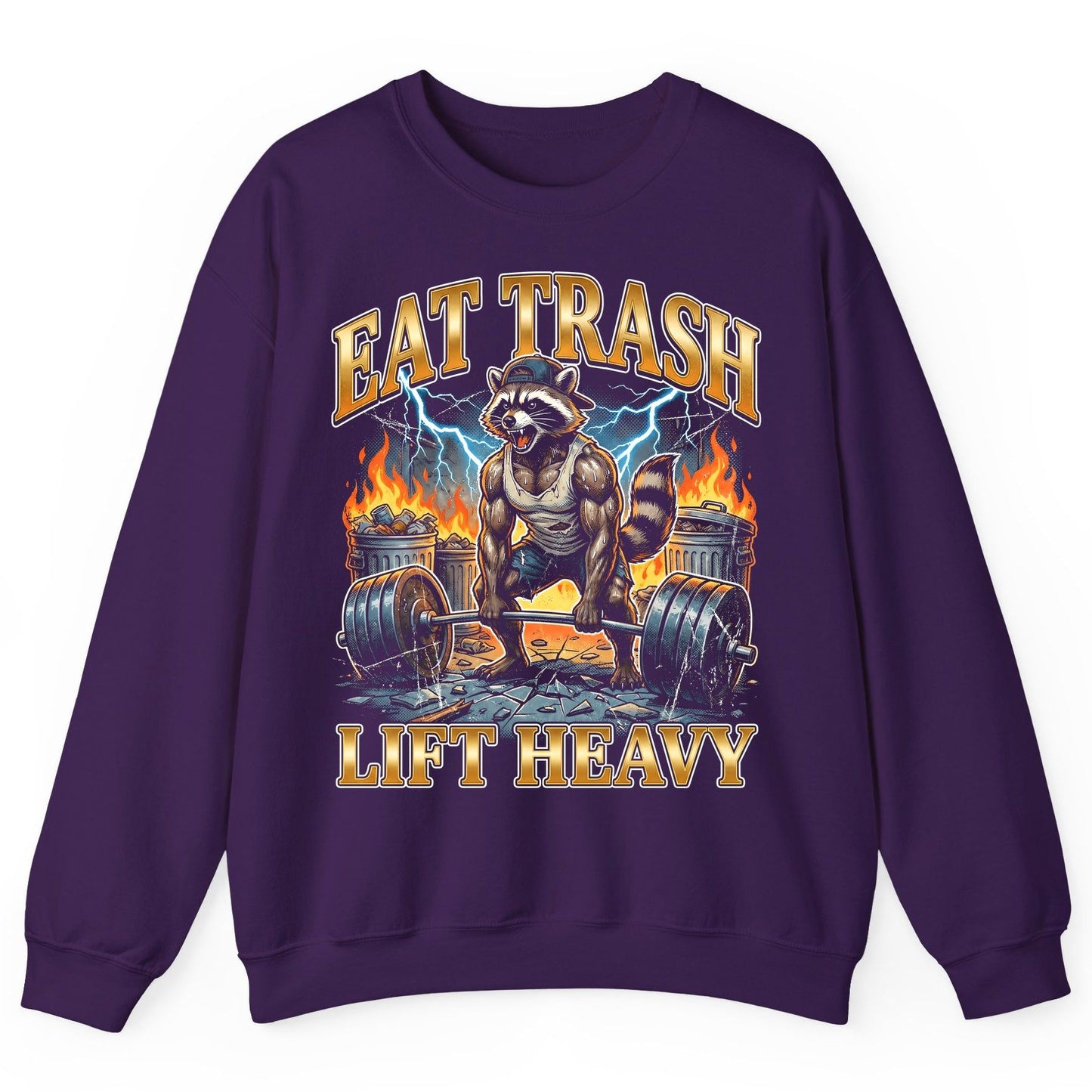 Eat Trash Lift Heavy raccoon Sweatshirt Purple product mockup