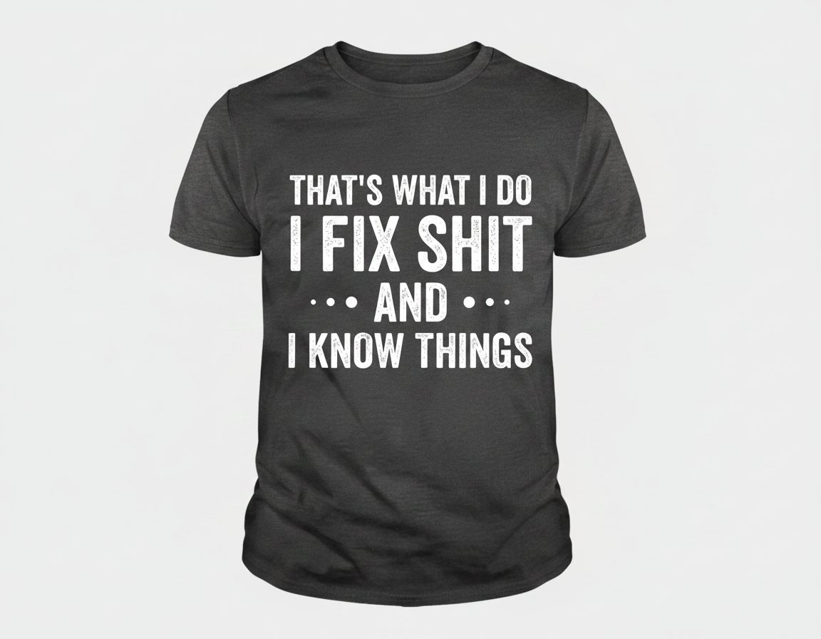 THAT'S WHAT I DO I FIX SHIT AND I KNOW THINGS T-Shirt - product mockup - Dark Heather