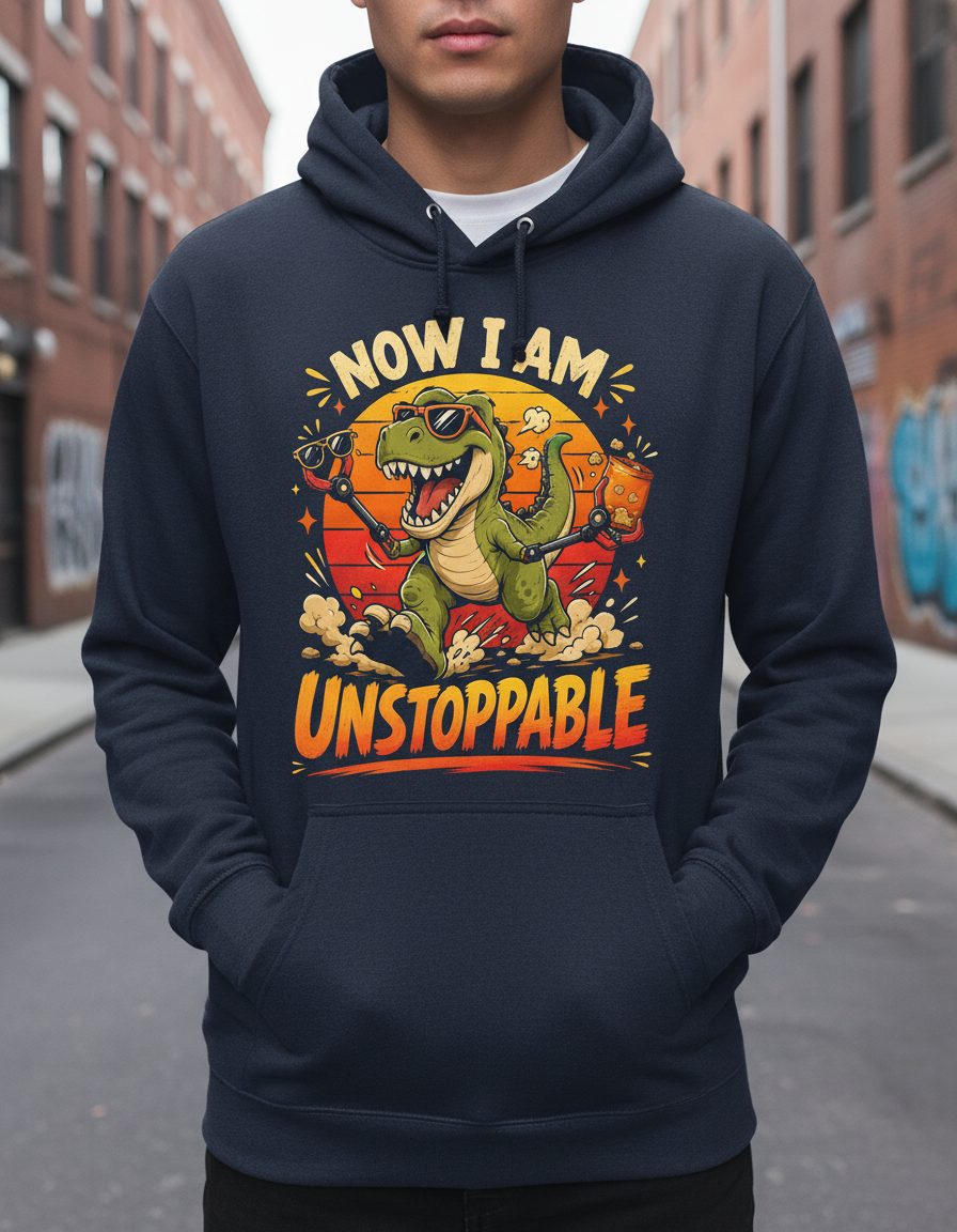 Now I Am Unstoppable Funny T-Rex Dinosaur Hoodie - product mockup - Navy