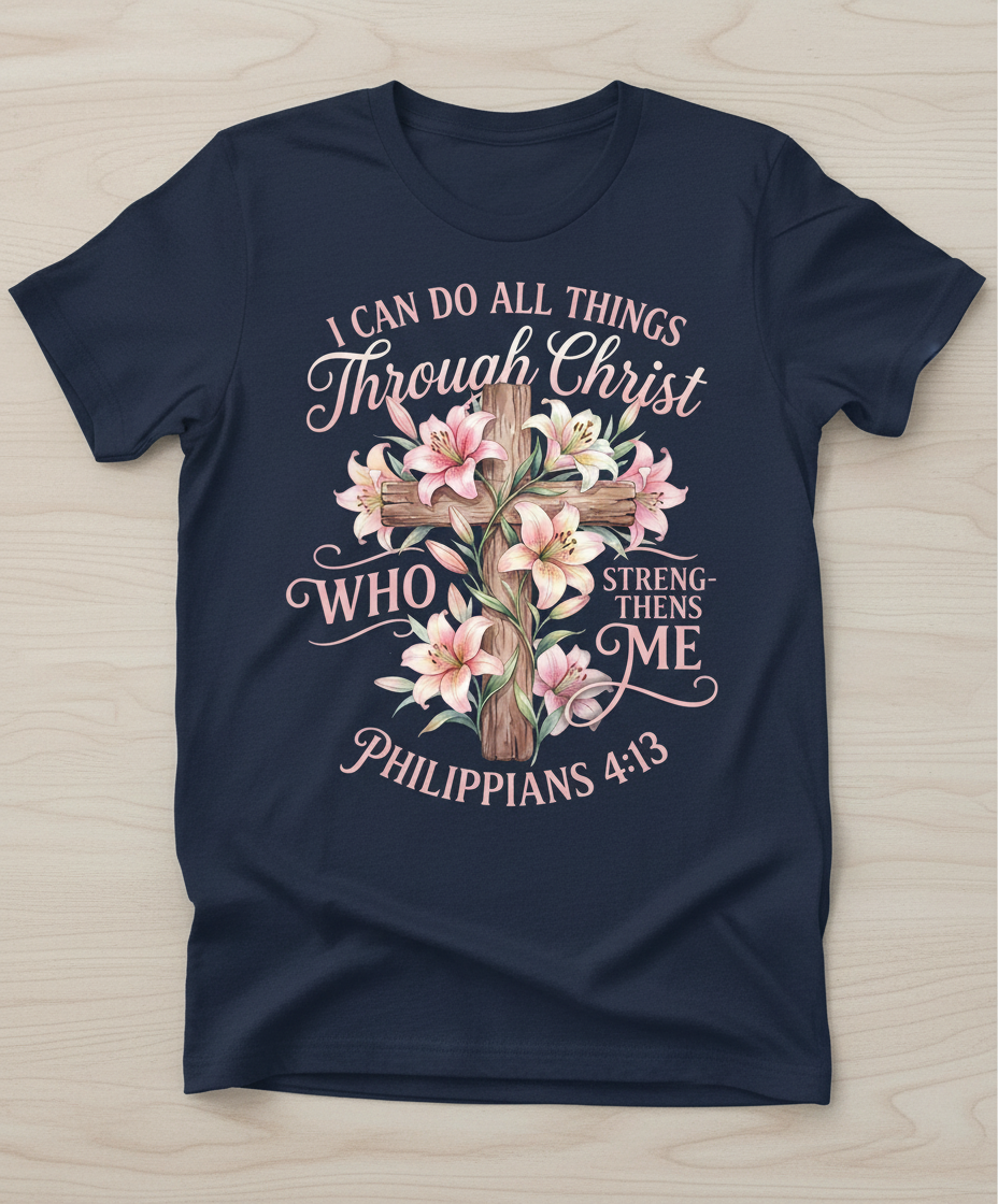 Philippians 4:13 I Can Do All Things Through Christ Cross and Lilies T-Shirt - Navy