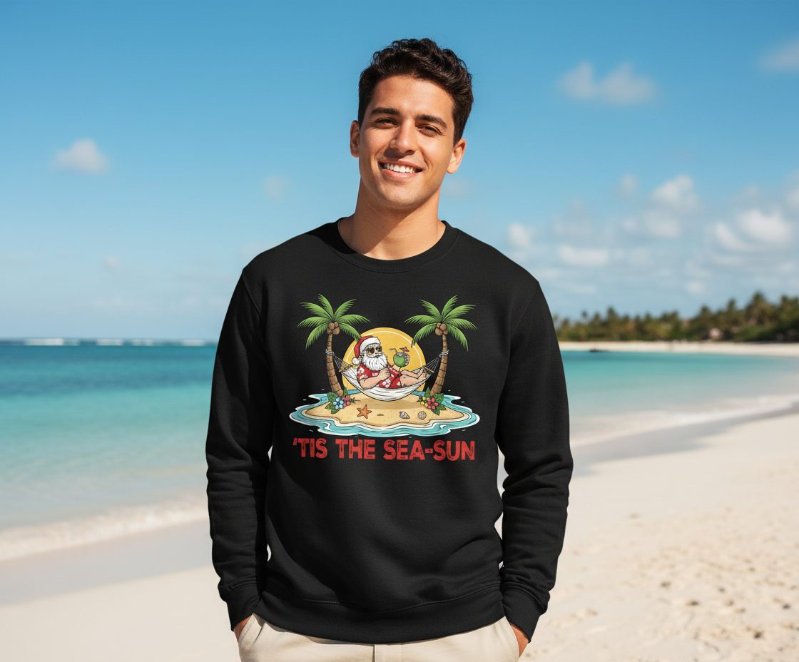 'Tis the Sea-Sun santa claus on a tropical vacation Sweatshirt Black lifestyle mockup