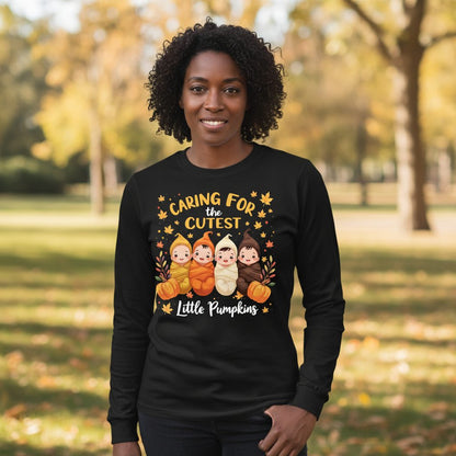 Caring for the Cutest Little Pumpkins swaddled babies Long Sleeve Tee Black lifestyle mockup