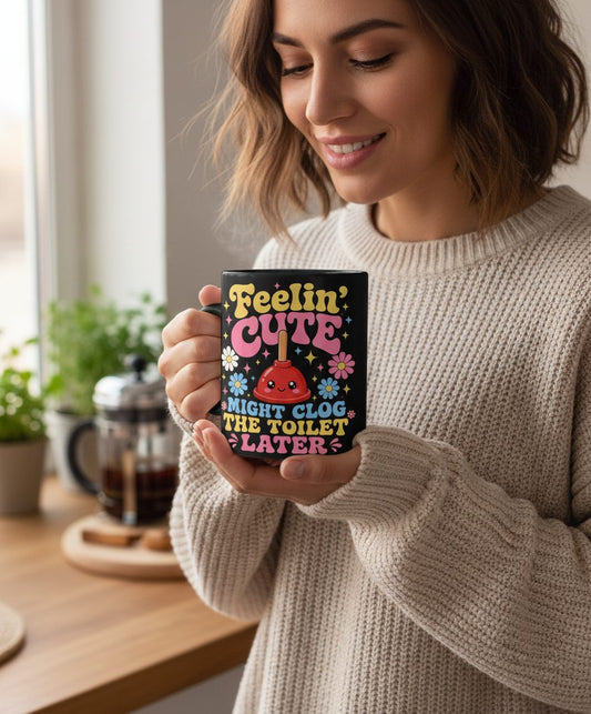 Feelin' Cute Might Clog the Toilet Later Funny Plunger Black Mug - lifestyle model mockup - Black
