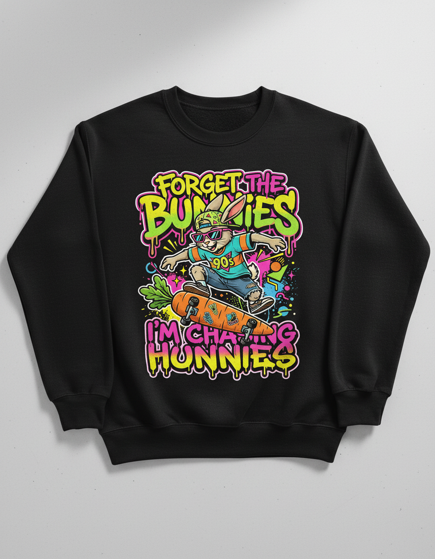 Funny 90s Skater Rabbit Chasing Hunnies Sweatshirt - Black