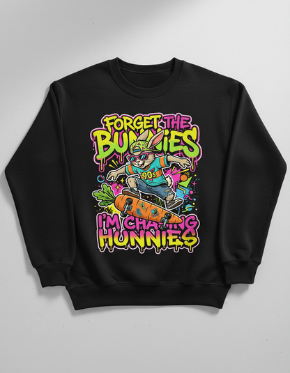 Funny 90s Skater Rabbit Chasing Hunnies Sweatshirt - Black