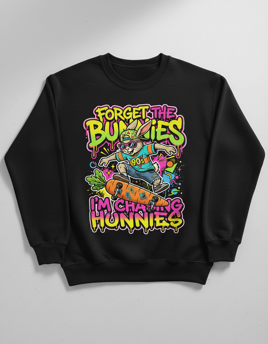 Funny 90s Skater Rabbit Chasing Hunnies Sweatshirt - Black