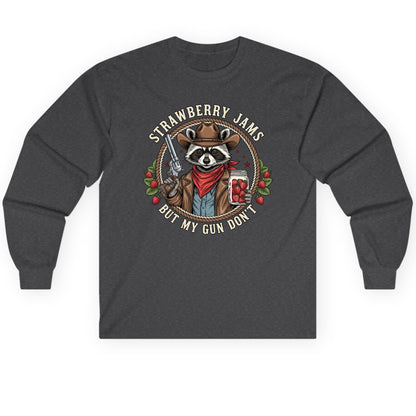 Strawberry Jams but My Gun Don't cowboy raccoon Long Sleeve Tee Dark Heather product mockup