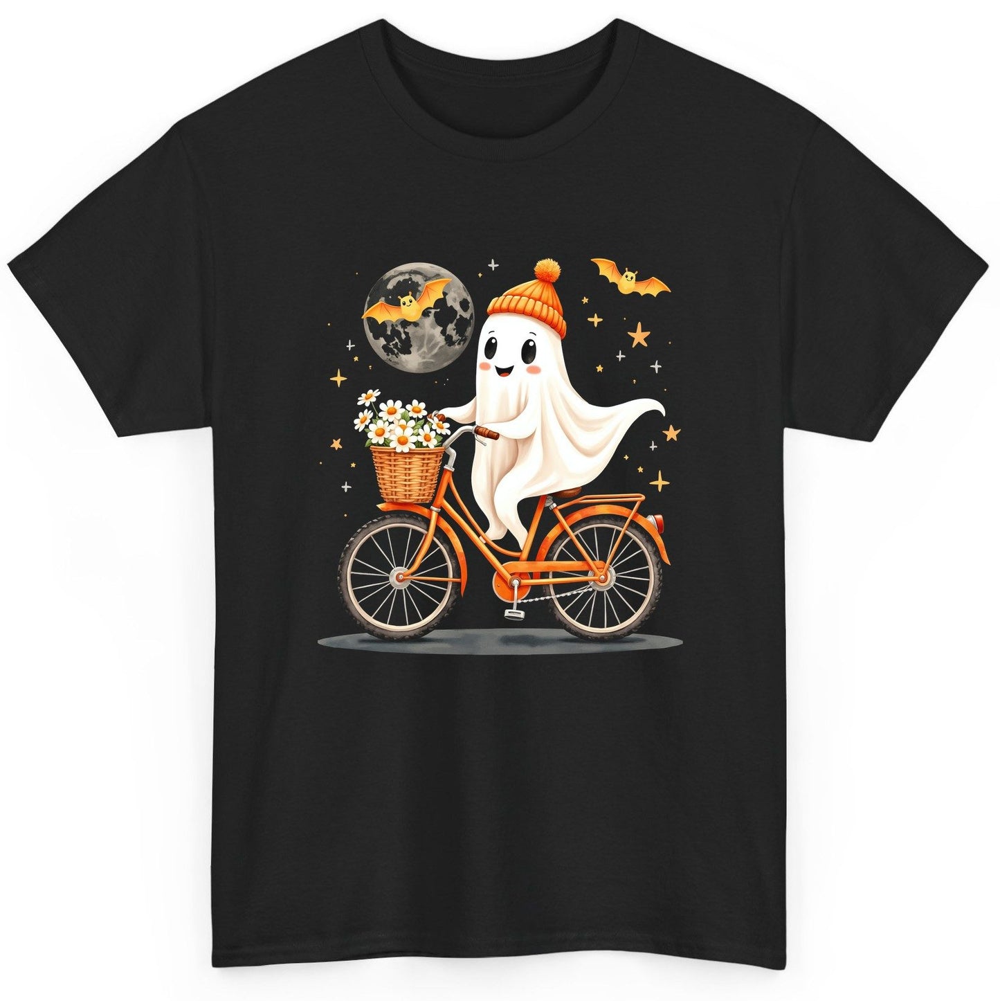 Cute Ghost on Bicycle cute ghost T-Shirt Black product mockup
