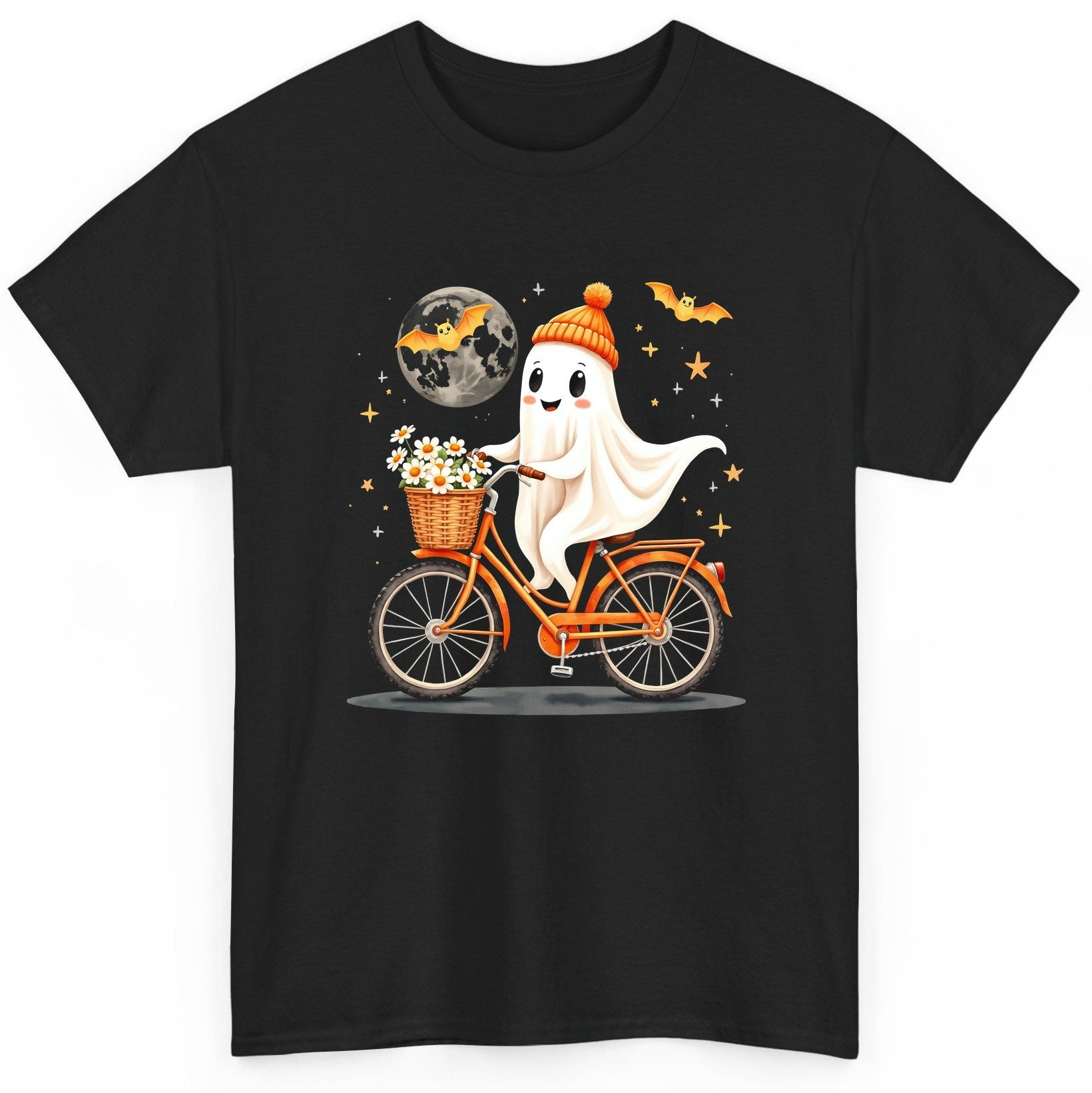 Cute Ghost on Bicycle cute ghost T-Shirt Black product mockup