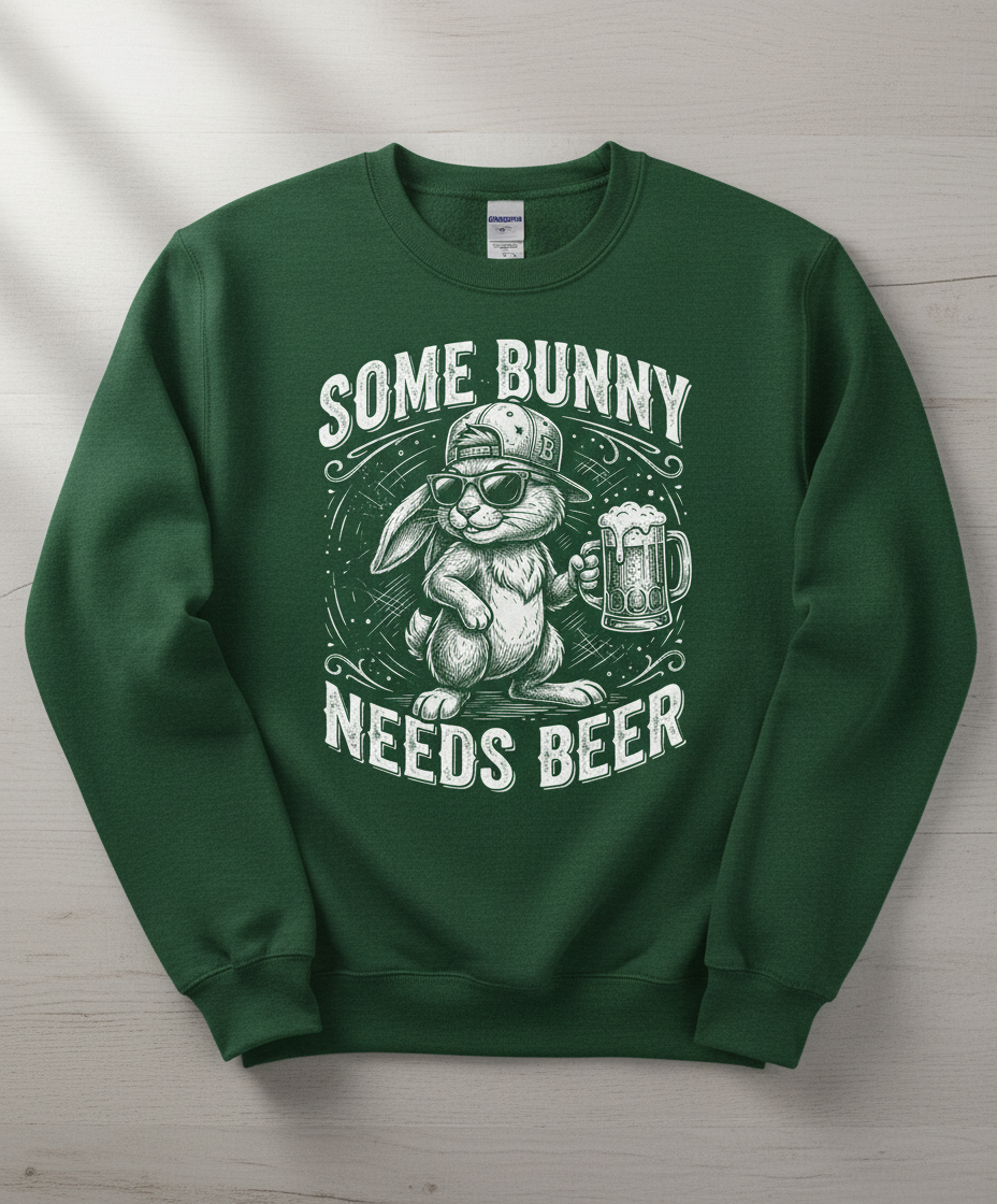 Some Bunny Needs Beer Funny Rabbit Drinking Design Sweatshirt - Forest Green