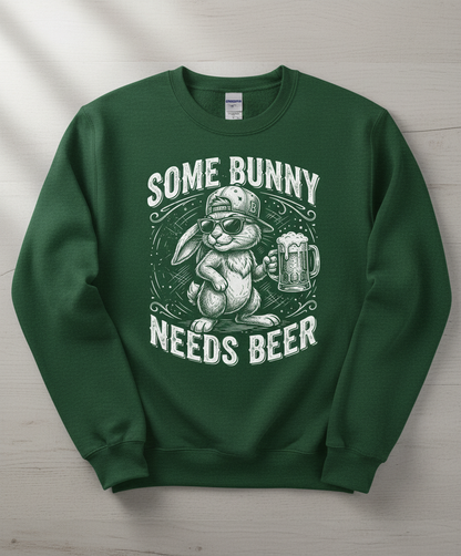 Some Bunny Needs Beer Funny Rabbit Drinking Design Sweatshirt - Forest Green