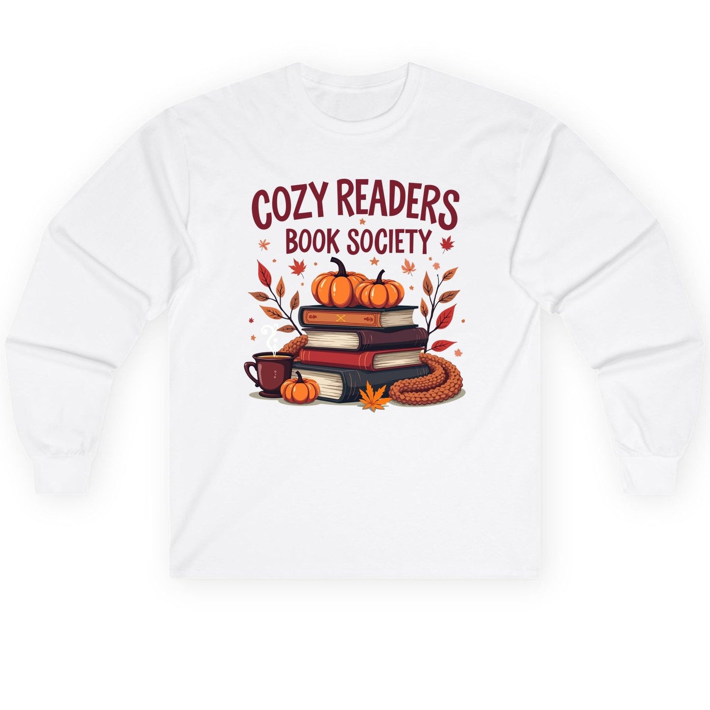 Cozy Readers Book Society reading Long Sleeve Tee White product mockup