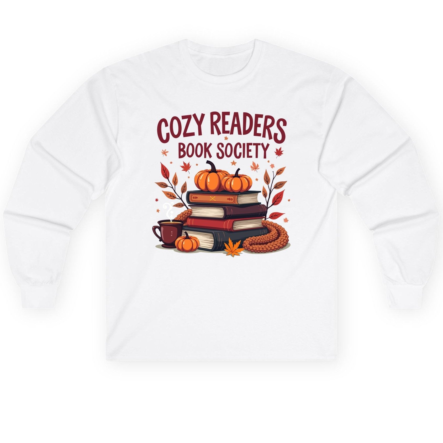 Cozy Readers Book Society reading Long Sleeve Tee White product mockup