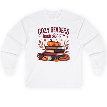 Cozy Readers Book Society reading Long Sleeve Tee White product mockup