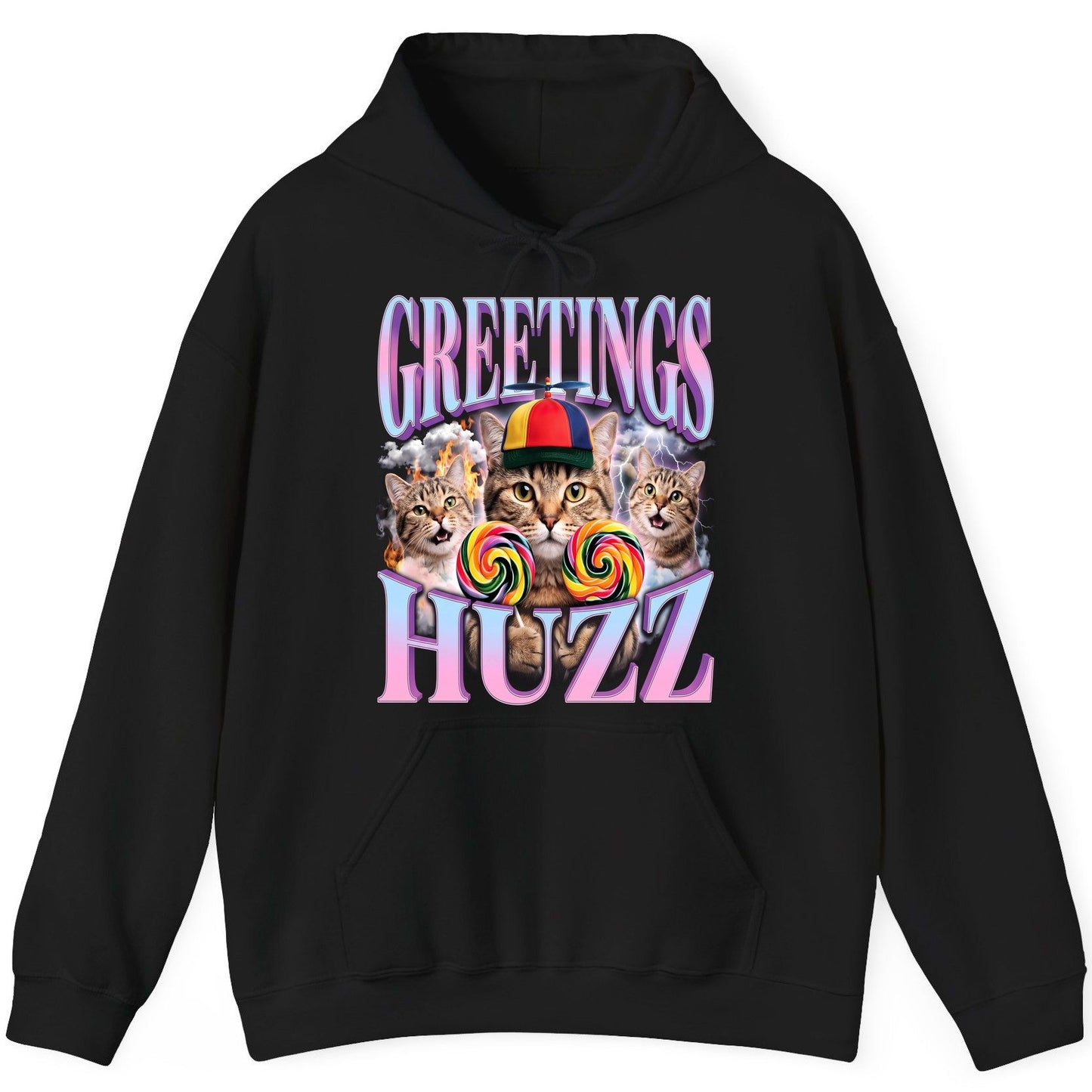 Greetings Huzz Funny Cats Hoodie - product mockup - Black