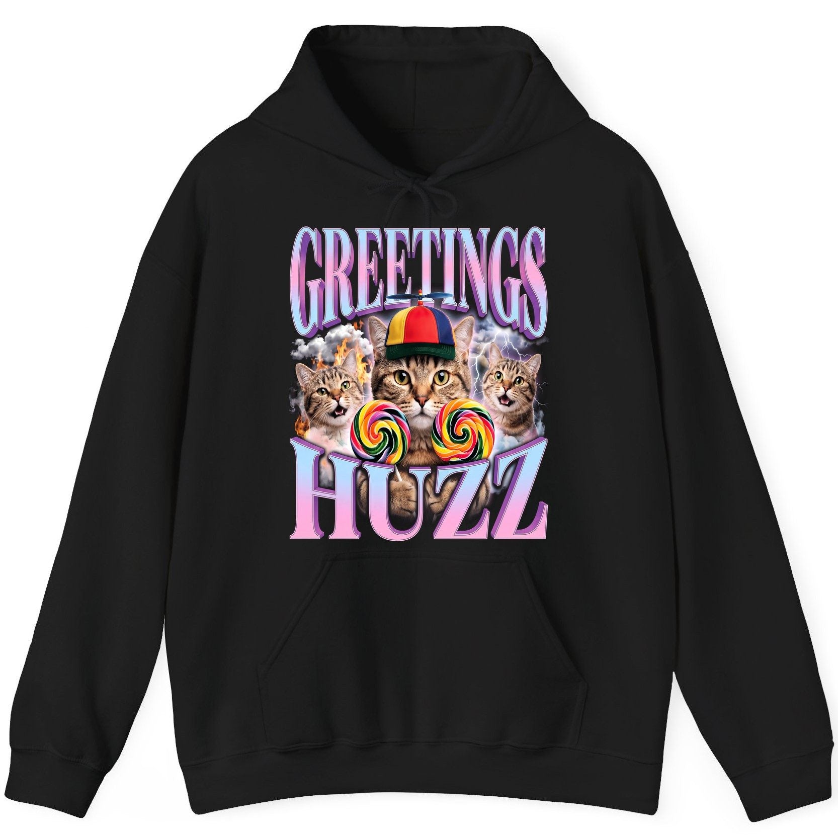 Greetings Huzz Funny Cats Hoodie - product mockup - Black