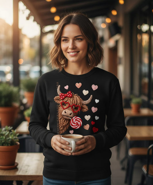 Crochet Valentine's Highland Cow highland cow Sweatshirt Black lifestyle mockup