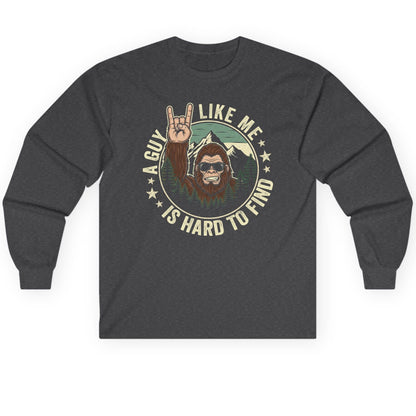 A Guy Like Me Is Hard to Find bigfoot Long Sleeve Tee Dark Heather product mockup