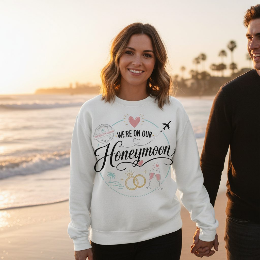Our Greatest Journey Honeymoon Newlyweds Sweatshirt - lifestyle model mockup - White