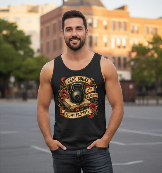 Read Books Lift Weights Fight Fascists Tank Top - lifestyle model mockup - Black