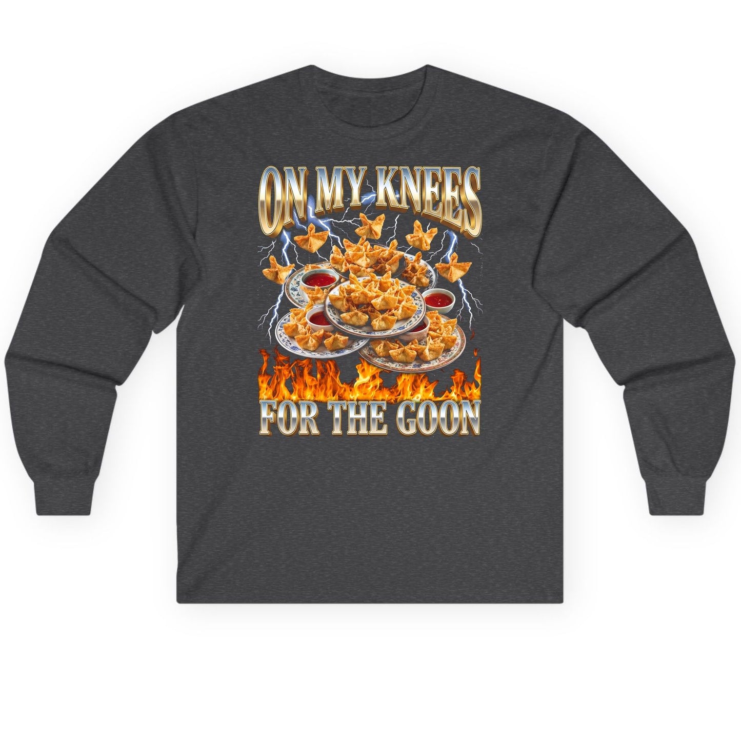 On My Knees for the Goon crab rangoon Long Sleeve Tee Dark Heather product mockup