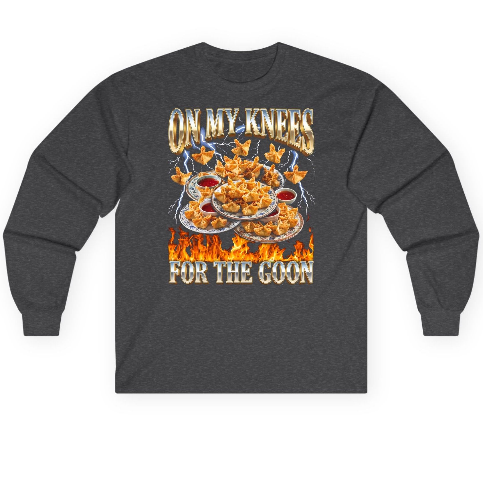 On My Knees for the Goon crab rangoon Long Sleeve Tee Dark Heather product mockup