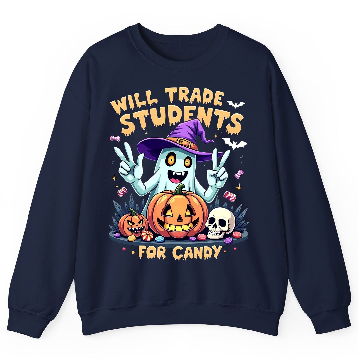 Will Trade Students for Candy teacher humor Sweatshirt Navy product mockup