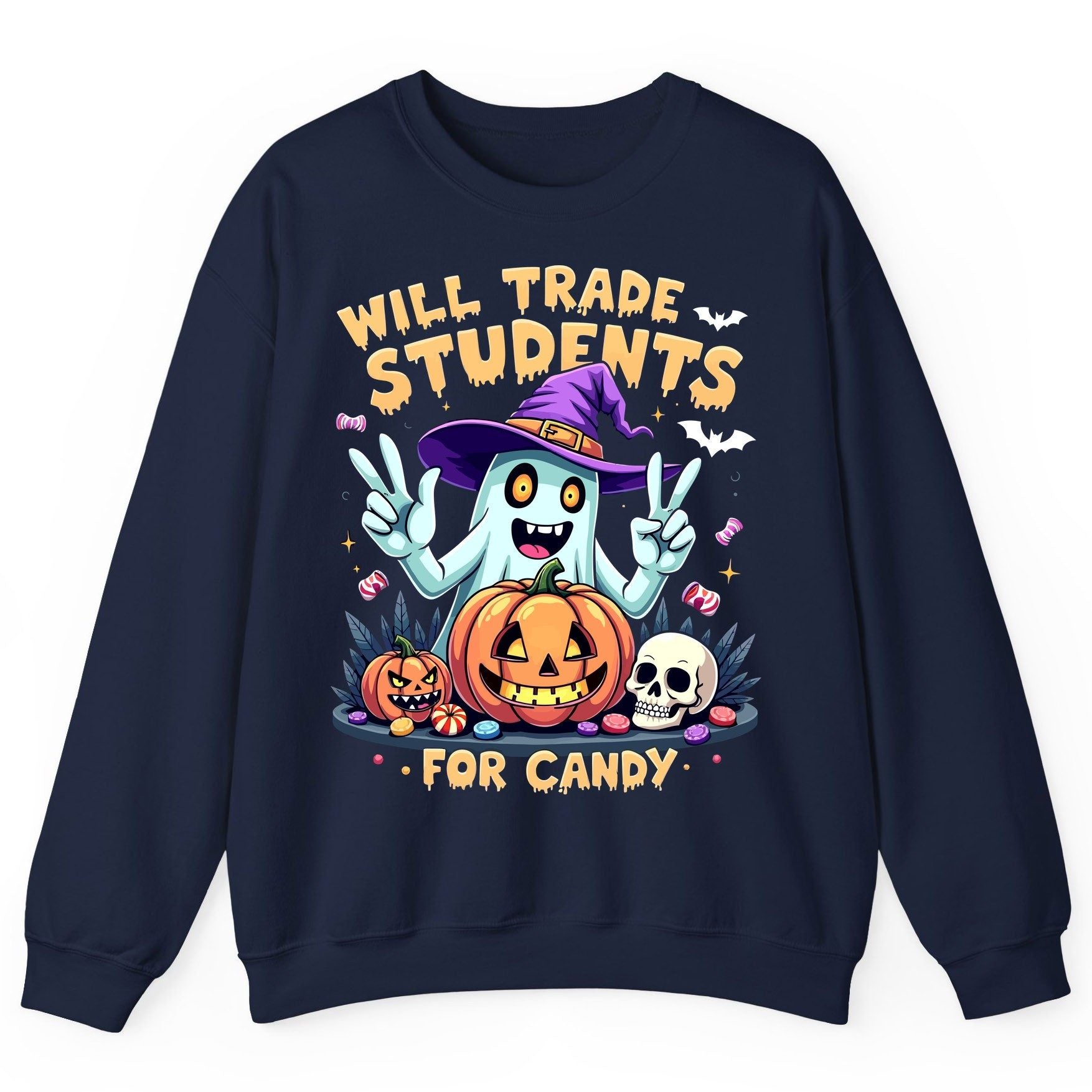 Will Trade Students for Candy teacher humor Sweatshirt Navy product mockup
