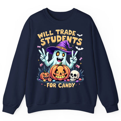 Will Trade Students for Candy teacher humor Sweatshirt Navy product mockup