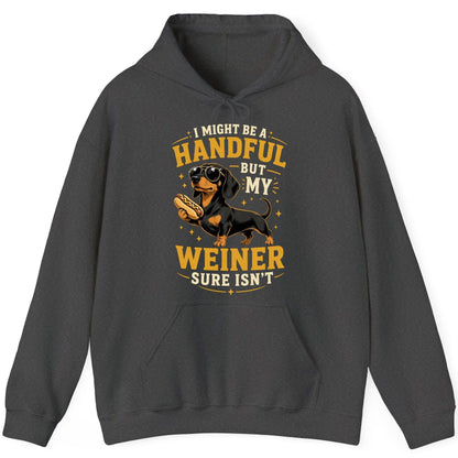 I Might Be a Handful but My Weiner Sure Isn't dachshund Hoodie Dark Heather product mockup