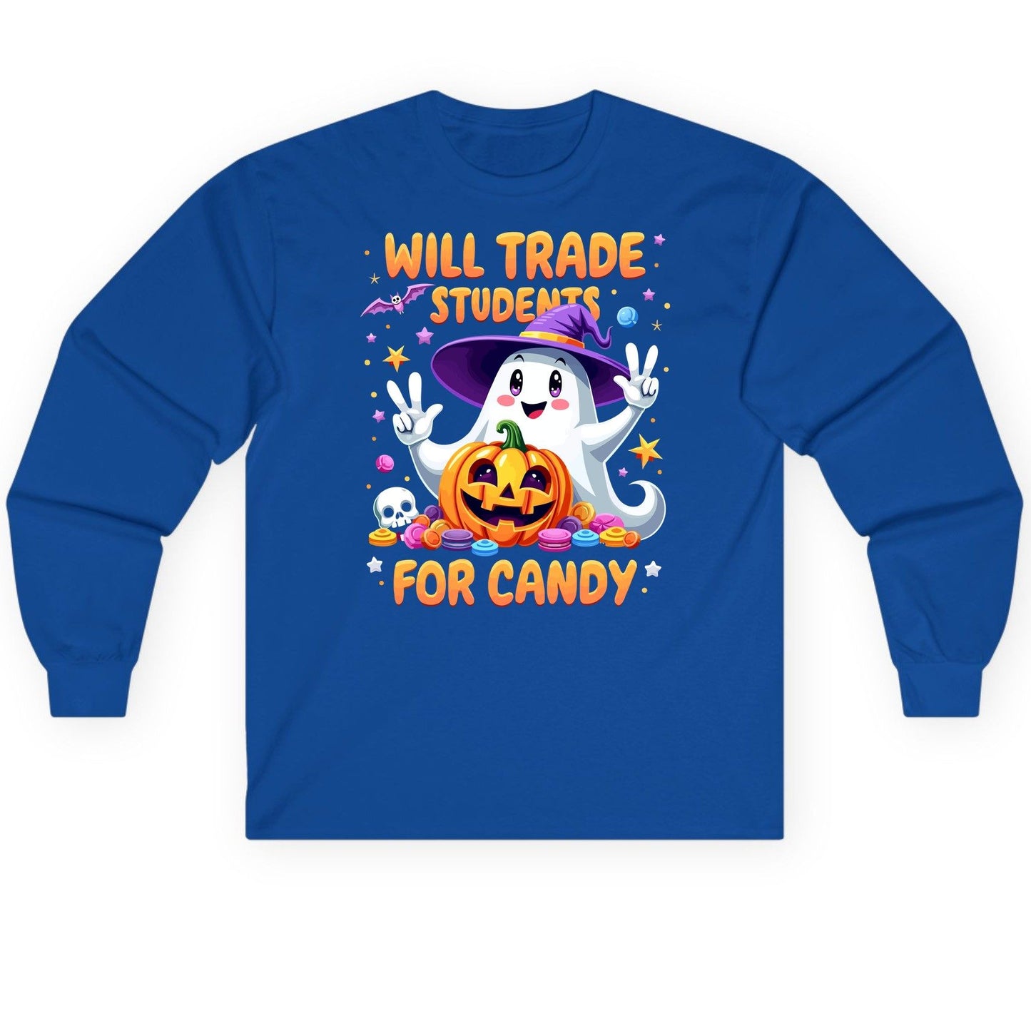 Will Trade Students for Candy teacher Halloween Long Sleeve Tee Royal product mockup