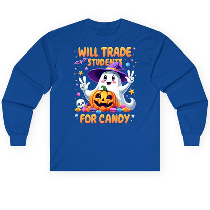 Will Trade Students for Candy teacher Halloween Long Sleeve Tee Royal product mockup