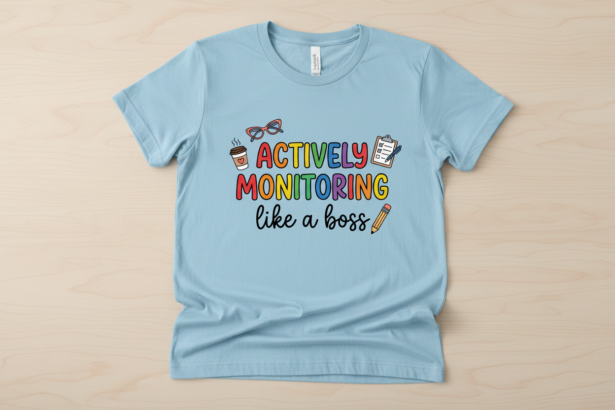 Actively Monitoring Teacher Rainbow Text Design T-Shirt - Light Blue