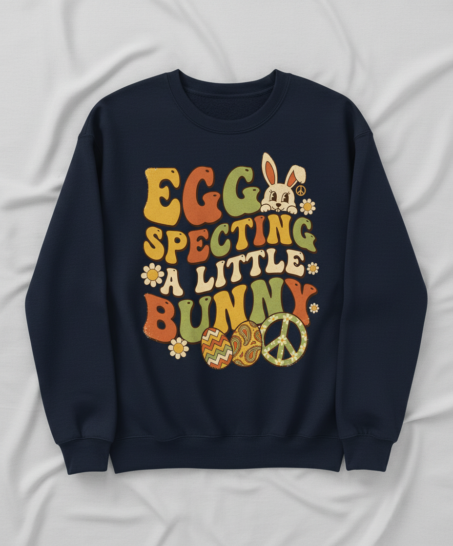 Egg Specting A Little Bunny Groovy Retro Easter Pregnancy Announcement Sweatshirt - Navy