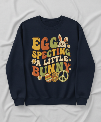 Egg Specting A Little Bunny Groovy Retro Easter Pregnancy Announcement Sweatshirt - Navy